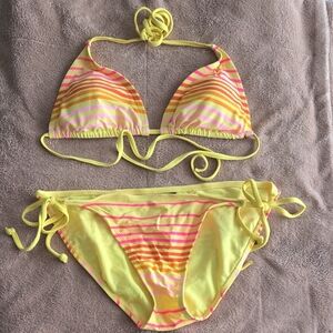 Old Navy Vibrant Yellow and Pink Bikini with Triangle Top